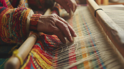 Elderly Hands Weaving Colorful Fabric on Loom

