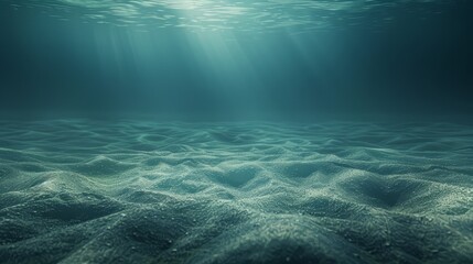 Fototapeta premium Underwater deep seascape with sunbeams and marine wildlife. Turquoise tranquility, coral reefs, bubbles, and shimmering rays. Scuba diving, relaxation, aquatic beauty in a serene.