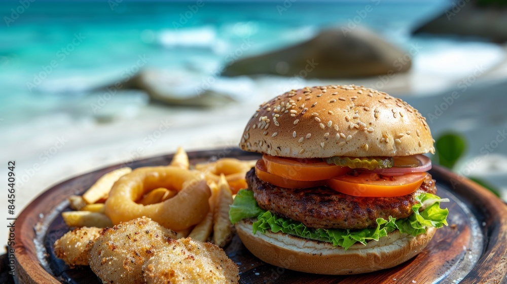 Wall mural A hamburger and fries on a wooden plate with ocean view, AI - Wall murals