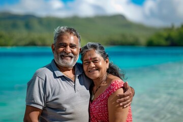 Obraz premium Portrait of a merry indian couple in their 40s showing off a lightweight base layer isolated on beautiful lagoon background