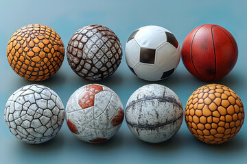 collection of balls isolated on blue, sports and recreation for a healthy lifestyle