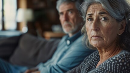 Divorce, fight and sad with mature woman in living room is thinking with husband in home with depression. Infidelity on the sofa causes disagreement, rage, and wifely conflict.