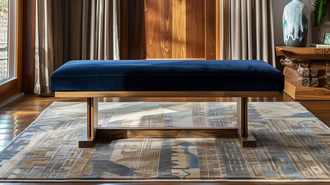 Celine bench with Navy upholstery in modern living room with rug