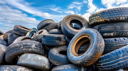 a pile of old tires and rubber waste awaits processing against the backdrop of a clear blue sky in an abandoned industrial wasteland.