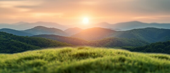 Fototapeta premium Sunset over a rolling hills landscape, minimalistic shapes with space for text