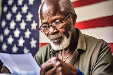 An elderly African-American man examines a ballot in front of an American flag during the U.S. election