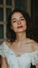 Smiling Woman in White Dress