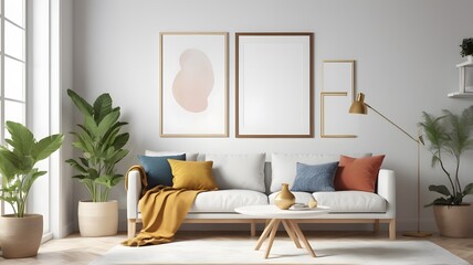 Mock up poster frame in modern interior background, living room, Scandinavian style, 3D rendering,living room, Scandinavian style