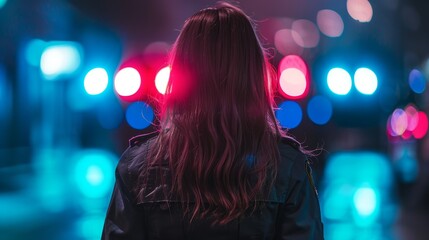 Back of a policewoman in uniform, illuminated by the flashing red and blue lights of police vehicles in the background. Highlighting the presence and duty of law enforcement.