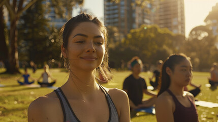 A group of people practicing yoga in a park, object focused, png, stock image, HD quality, blog post