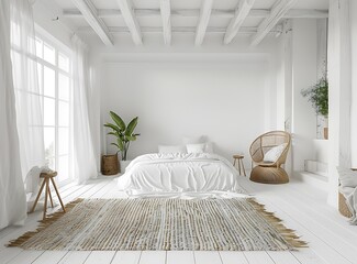 Scandinavian style bedroom interior with a white bed, wooden furniture and a carpet on the floor