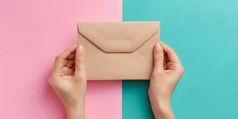 Obraz premium A pair of hands holding a brown envelope against a soft pink blue background, emphasizing minimalism and modern design, ideal for themes of communication, correspondence, and personal touch.