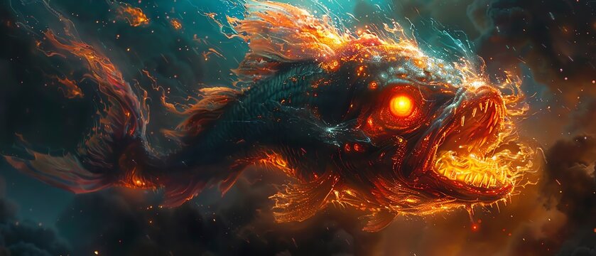 Fiery devil fish emerging from molten lava, glowing eyes, dynamic and powerful illustration