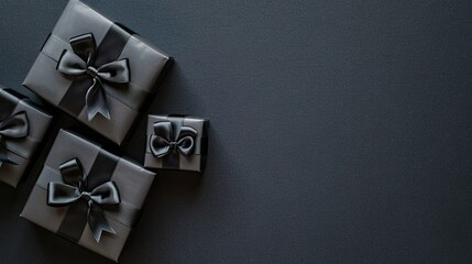 sleek black gift boxes arranged against a matching black background, epitomizing the concept of exclusive deals and savings.