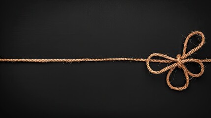 a twine bow atop a dark background, seen from a top-down perspective, offering an ideal web banner with ample empty space in the right corner for customizable text.