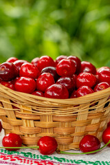 Small basket with cherries close-up