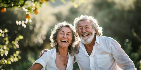 Fototapeta premium Love, family, and elderly couple at a park, bonding, talking, and walking in nature. Happy family, mature man and lady in forest chatting, joking, and retiring.