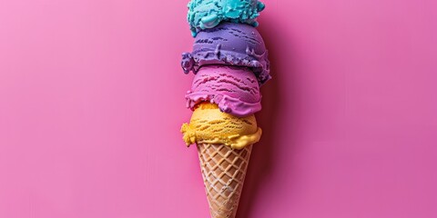 Colorful ice cream scoops in a waffle cone against a vibrant pink background, capturing the delicious and fun essence of a sweet summer treat.