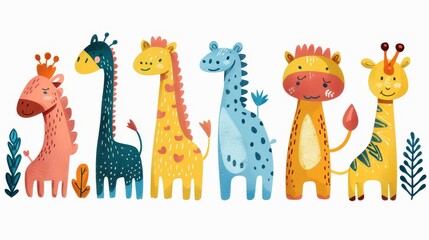 Hand-drawn flat colored playful animals, whimsical style, drawn, six cute animals in various poses, isolated on white background, full frame, separated characters