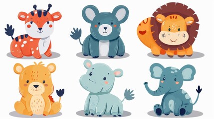 Naklejka premium Hand-drawn whimsical animals, flat colored, drawn , six playful poses, isolated on white, no edges, full frame, separated characters