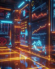 Graphic of  Illustration of futuristic market forecasting, showcasing neon graphs and charts on a hitech abstract background