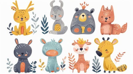 Naklejka premium Hand-drawn whimsical animals, flat colored, drawn , six playful poses, isolated on white, no edges, full frame, separated characters