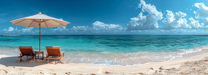 Panoramic view of a beautiful beach with two sunbeds under an umbrella