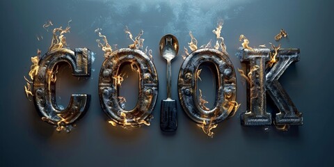 Fototapeta premium The word cook written with wooden board and kitchen utensils