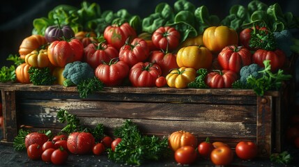 Wooden box full of colorful vegetables on a black background