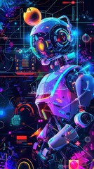 Graphic of  Vector art showing a robot developing strategic insights, highlighted by neon colors and abstract hitech elements