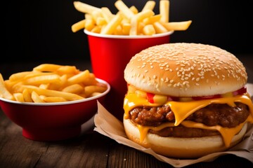 Delicious burger and fries meal on rustic wooden table - fast food concept with copy space