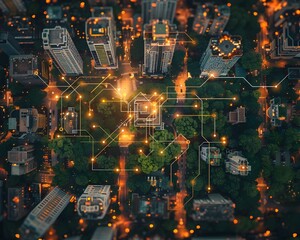 Aerial View of Interconnected Smart City with Green Energy Infrastructure