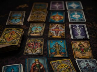 Mystical tarot cards in a local setting, dark theme, perfect for a mystic party. 🌟🔮