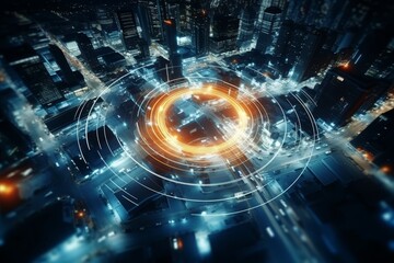 Obraz premium Night drive in urban megalopolis aerial view of car on illuminated road in the city