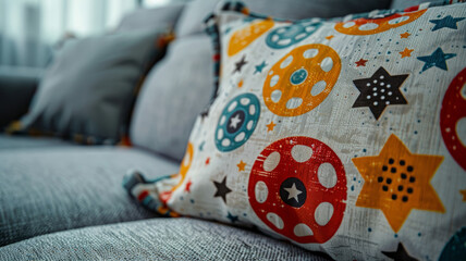 Colorful pillow with star patterns on a gray couch.