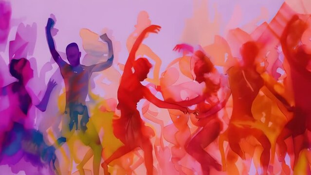 Vivid, multi-colored silhouettes of people dancing in a lively watercolor painting. The figures are depicted in various dynamic poses, set against a gradient background