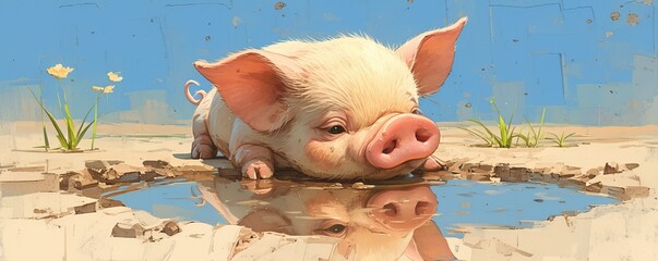 Lonely piglet is contemplating its reflection in a puddle of water in the desert