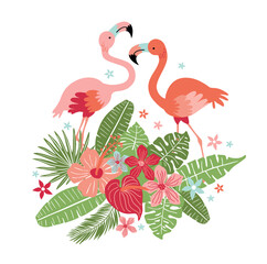 Vector illustration with pink flamingos and tropical plants, template for banners, cards, invitation cards, sales portcard t-shirt