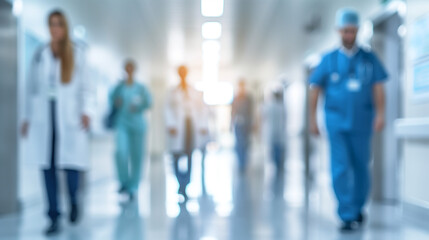 blurred medical personnel: silhouettes of doctors, nurses and patients in the corridor of a modern hospital for the background of a wallpaper about private and public healthcare and insurance