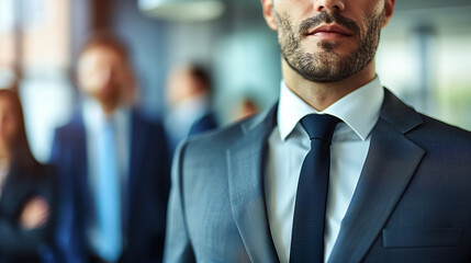 Naklejka premium A confident businessman in a suit and tie stands in focus, with blurred colleagues in the background, suggesting leadership, teamwork, and professional environment in a modern office setting. 