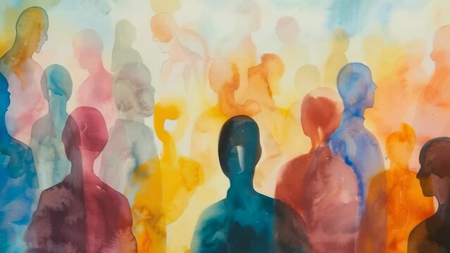 This abstract watercolor painting features diverse silhouettes of people in various colors. The vibrant hues and blurred edges convey a sense of unity and diversity