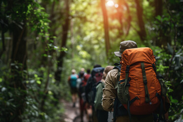 Fototapeta premium A group of hikers practicing Leave No Trace principles as they explore the forest trail, minimizing their impact on the environment and promoting responsible outdoor recreation and conservation.