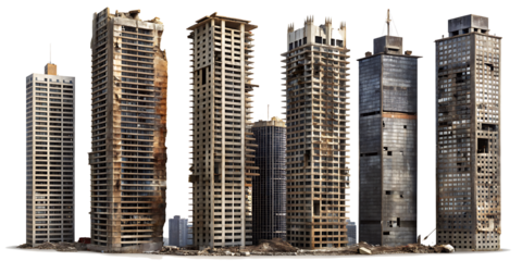 Set of ruined skyscrapers isolated on transparent background, PNG .AI GENERATED