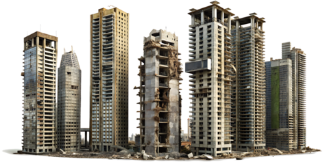 Set of ruined skyscrapers isolated on transparent background, PNG .AI GENERATED
