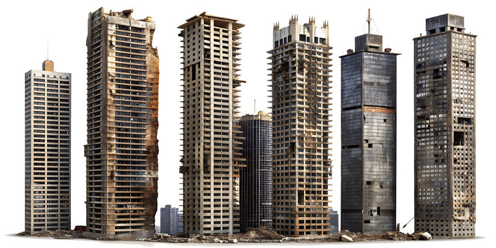 Set of ruined skyscrapers isolated on transparent background, PNG .AI GENERATED