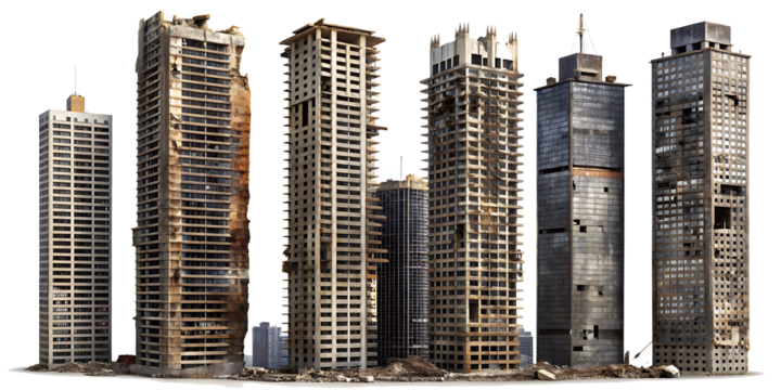 Set of ruined skyscrapers isolated on transparent background, PNG .AI GENERATED