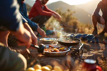A group of backpackers cooking a hearty meal over a portable camp stove at their wilderness campsite, the fragrant aroma of sizzling food mingling with the crisp mountain air