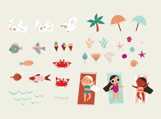 isolated summer beach and sea illustrations. girls on the beach, shells, seagulls, fish, crabs, beach umbrellas and palm trees.