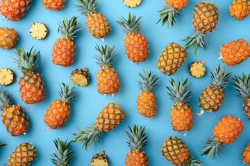 Fototapeta premium Flat layout pattern of pineapples on a pastel blue background.