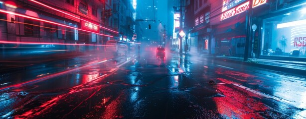 A vibrant night cityscape with neon reflections on rain-soaked streets, exuding a futuristic aura.